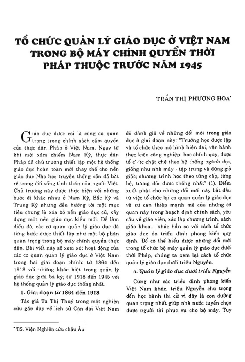 TỔ CHỨC QUẢN LÝ GIÁO DỤC Ở VIỆT NAM TRONG BỘ MÁY CHÍNH QUYỀN THỜI PHÁP THUỘC TRƯỚC NĂM 1945