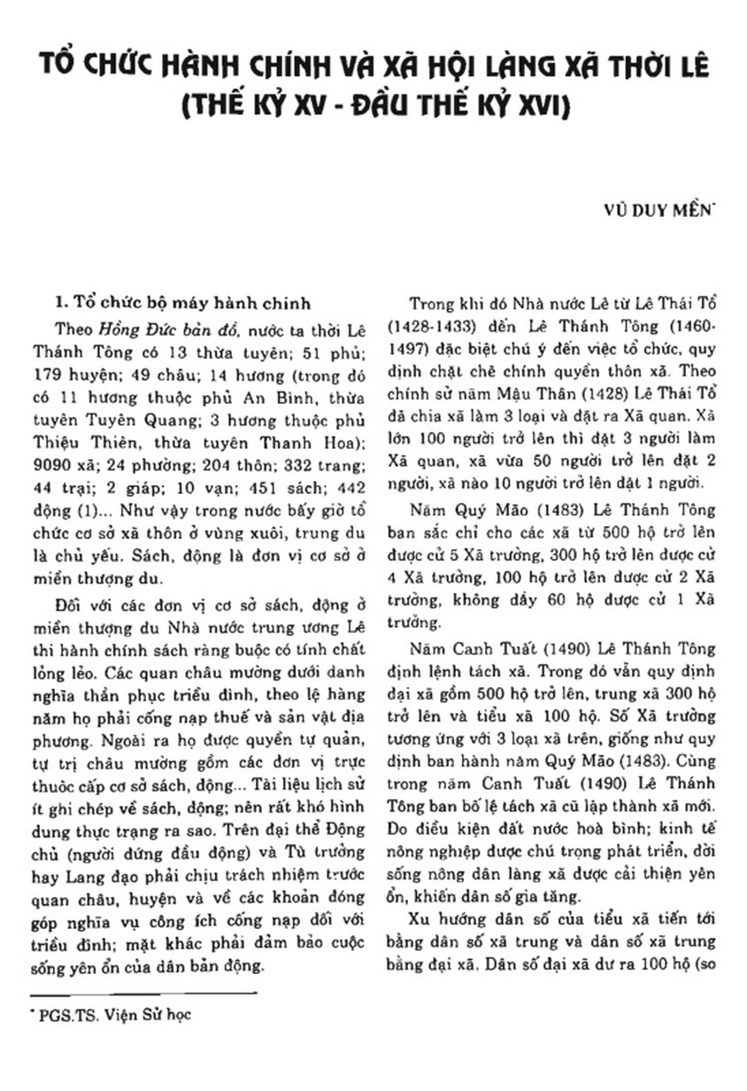 TỔ CHỨC HÀNH CHÍNH VÀ XÃ HỘI LÀNG XÃ THỜI LÊ (THẾ KỶ XV - ĐẦU THẾ KỶ XVI)