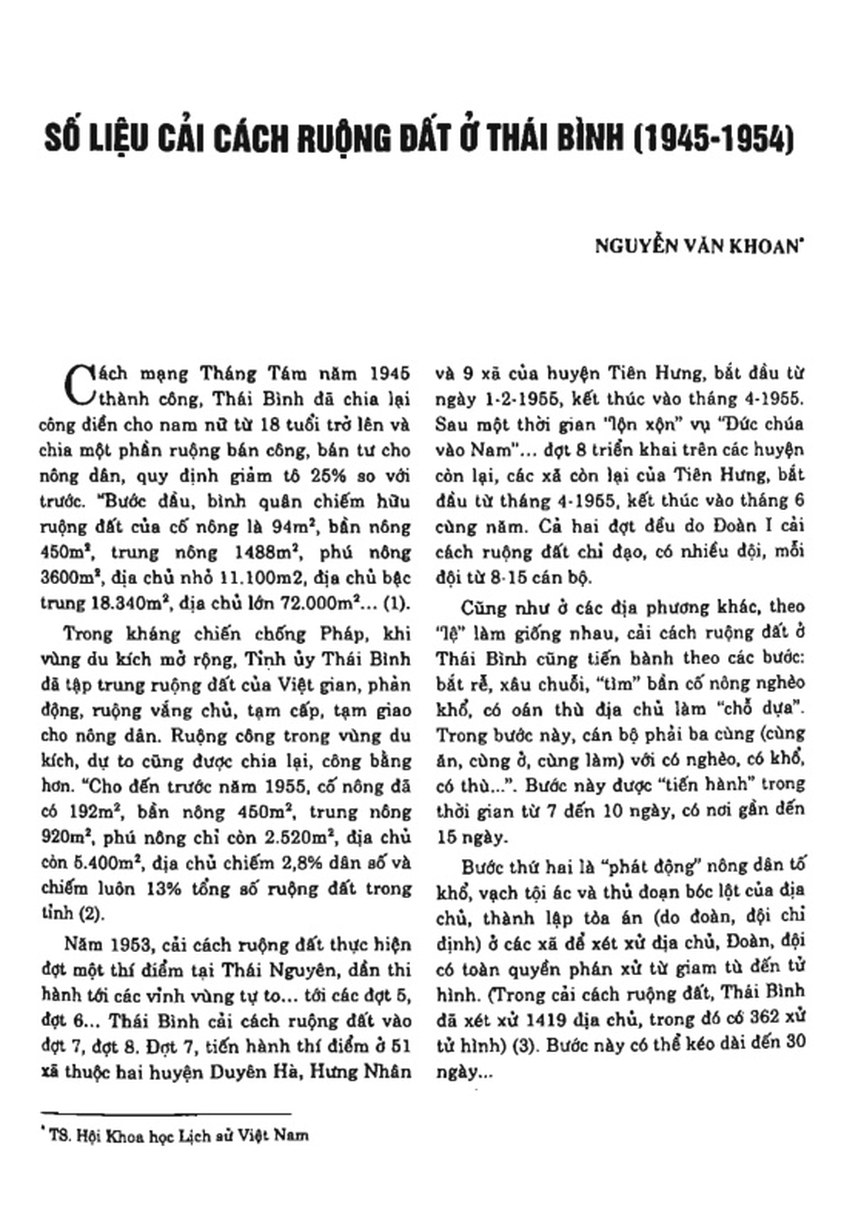 SỐ LIỆU CẢI CÁCH RUỘNG ĐẤT Ở THÁI BÌNH (1945-1954)