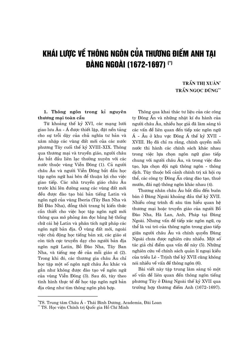 Khái lược về thông ngôn của thương điếm Anh tại Đàng Ngoài (1672 - 1697)