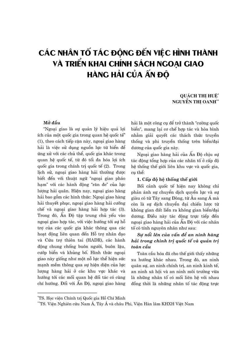 Các nhân tố tác động đến việc hình thành và triển khai chính sách ngoại giao hàng hải của Ấn Độ