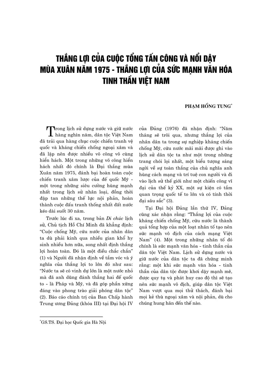 Thắng lợi của cuộc Tổng tấn công và nổi dậy mùa Xuân năm 1975 - Thắng lợi của sức mạnh văn hoá - tinh thần Việt Nam