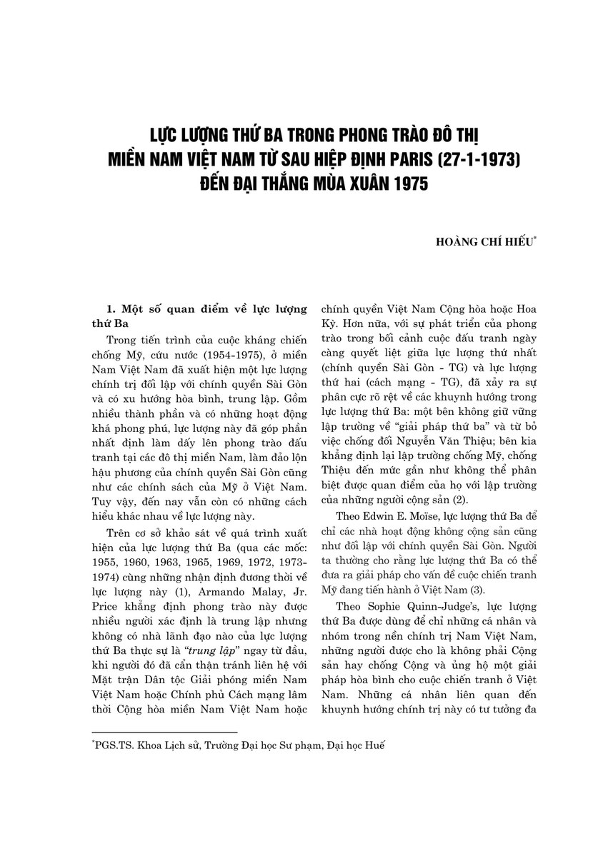 Lực lượng thứ ba trong phong trào đô thị miền Nam Việt Nam từ sau Hiệp định Paris (27-1-1973) đến đại thắng mùa Xuân 1975