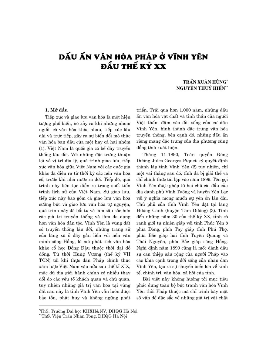Dấu ấn văn hóa Pháp ở Vĩnh Yên đầu thế kỷ XX