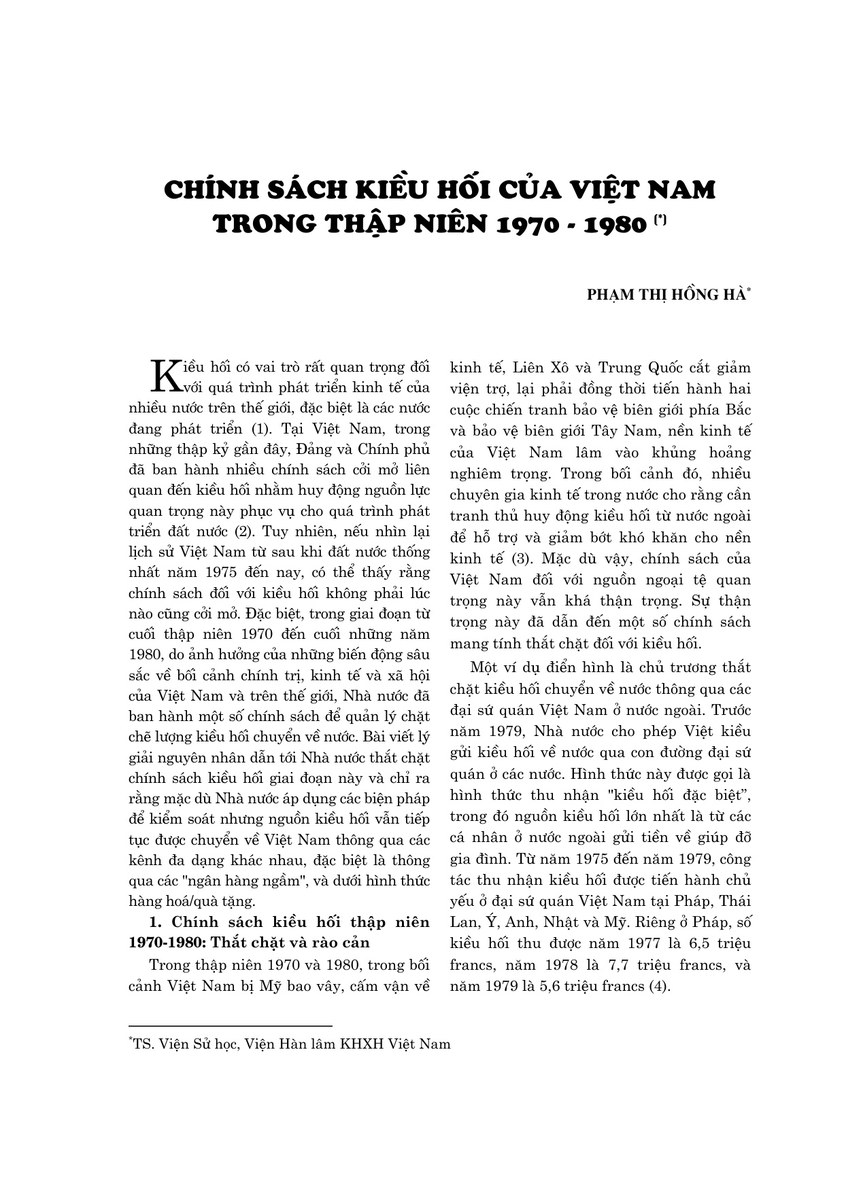 Chính sách kiều hối của Việt Nam trong thập niên 1970-1980