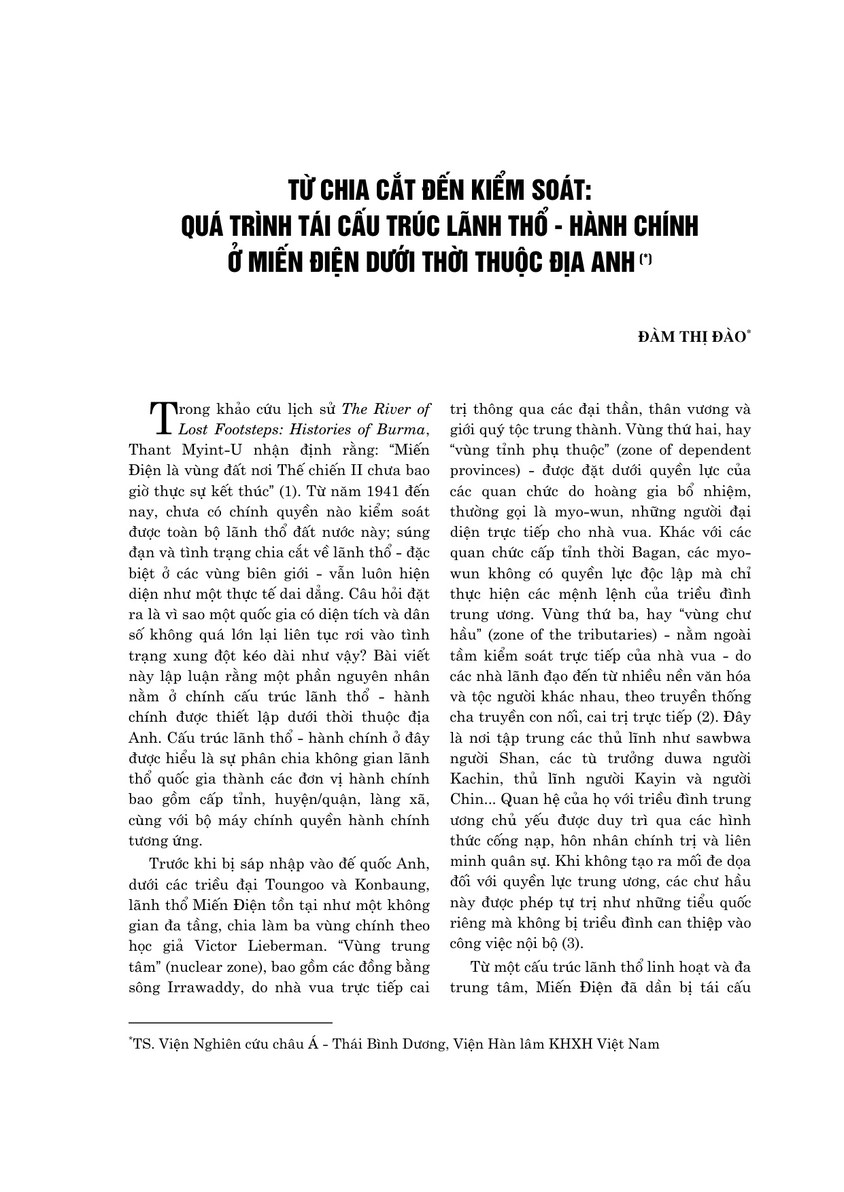 Từ chia cắt đến kiểm soát: Quá trình tái cấu trúc lãnh thổ - hành chính ở Miến Điện dưới thời thuộc địa Anh