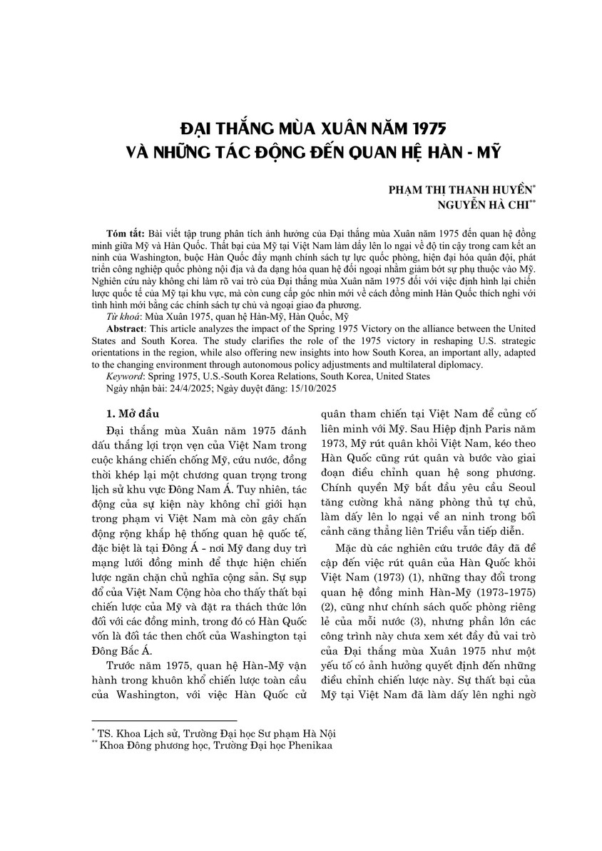 Đại thắng mùa Xuân năm 1975 và những tác động đến quan hệ Hàn - Mỹ