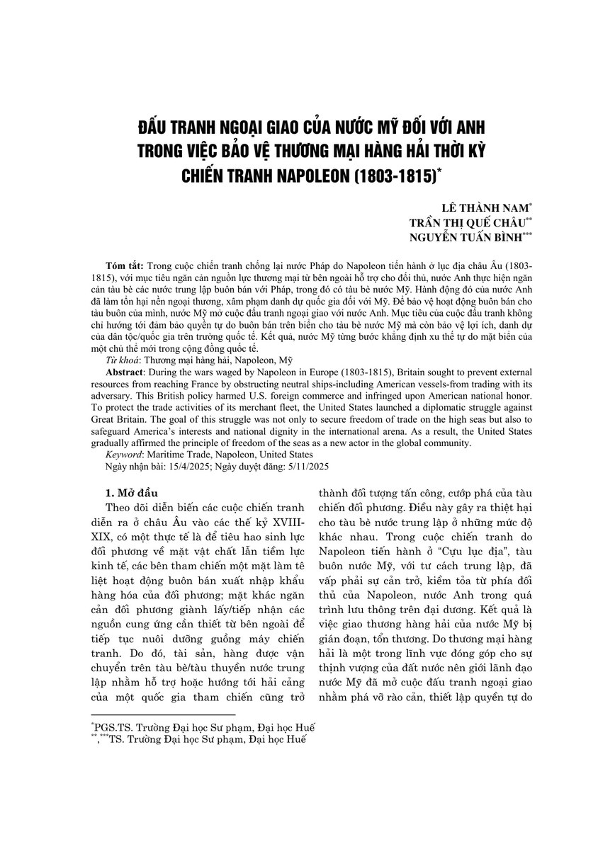 Đấu tranh ngoại giao của nước Mỹ đối với Anh trong việc bảo vệ thương mại hàng hải thời kỳ chiến tranh Napoleon (1803-1815)