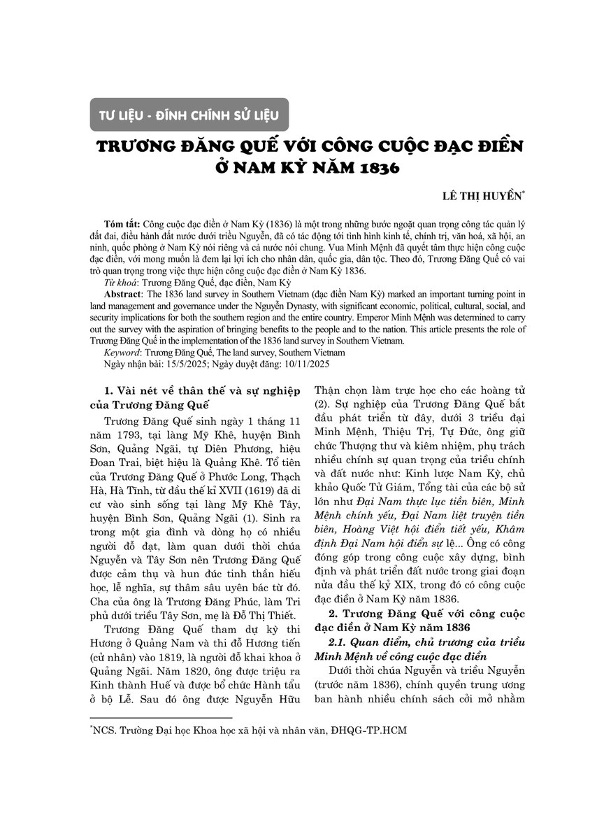 Trương Đăng Quế với công cuộc đạc điền ở Nam Kỳ năm 1836