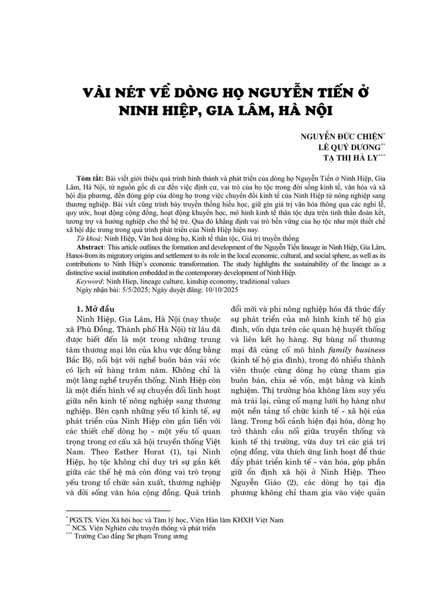Vài nét về dòng họ Nguyễn Tiến ở Ninh Hiệp, Gia Lâm, Hà Nội