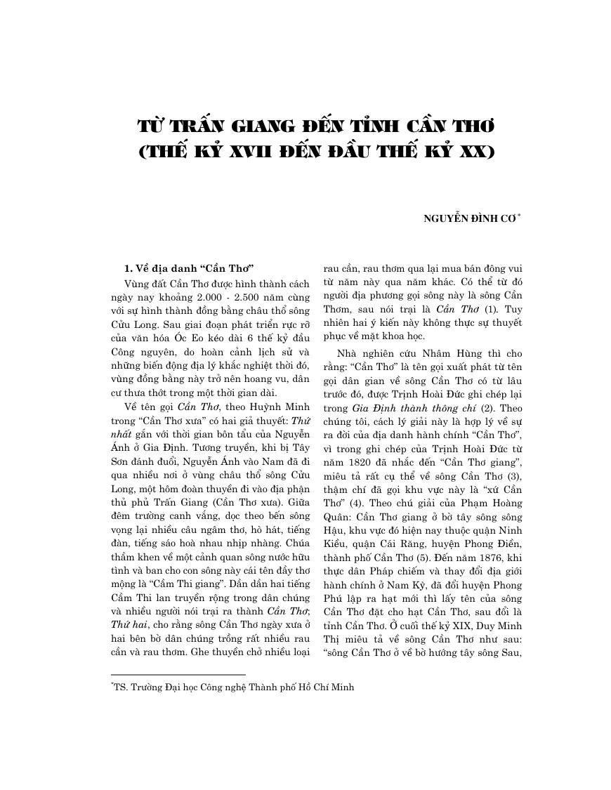 Từ Trấn Giang đến tỉnh Cần Thơ  (thế kỷ XVII đến đầu thế kỷ XX)