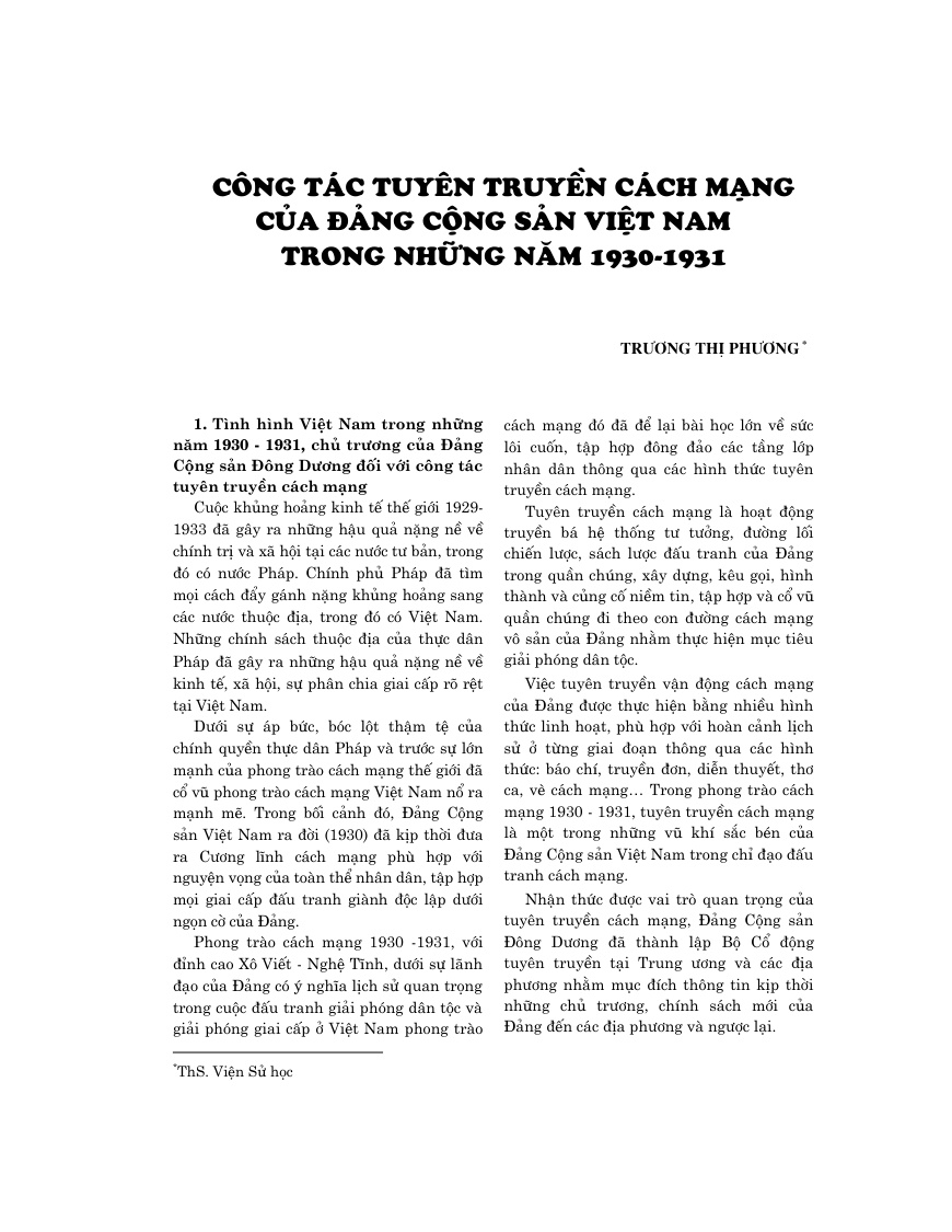 Công tác tuyên truyền cách mạng của Đảng Cộng sản Việt Nam trong những năm 1930-1931