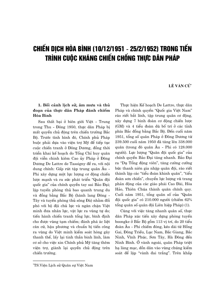 Chiến dịch Hòa Bình (10/12/1951 - 25/2/1952)  trong tiến trình cuộc kháng chiến  chống thực dân Pháp