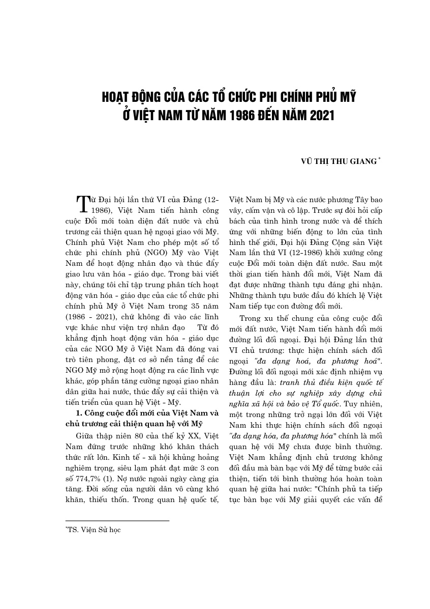 Hoạt động của các tổ chức phi chính phủ Mỹ  ở Việt Nam từ năm 1986 đến năm 2021