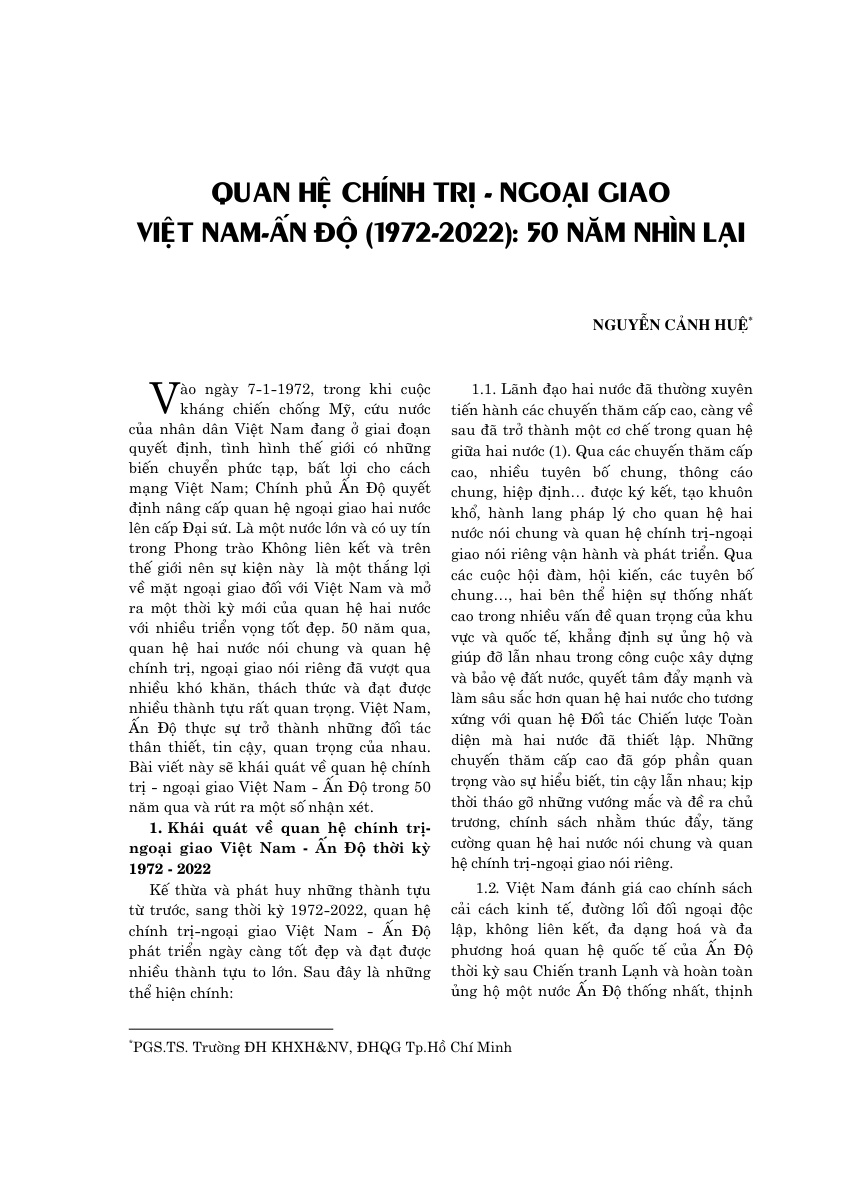 Quan hệ chính trị - ngoại giao Việt Nam - Ấn Độ (1972 - 2022): 50 năm nhìn lại