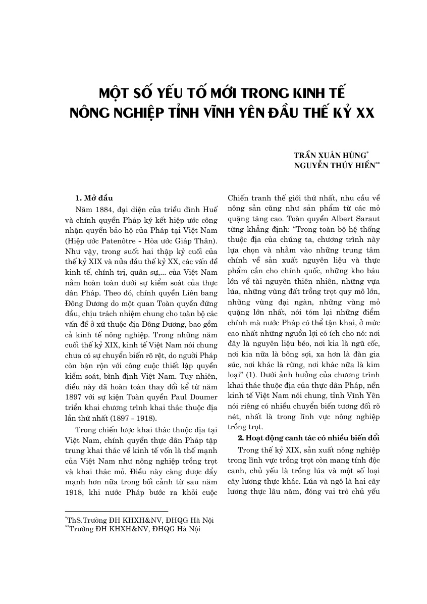 Một số yếu tố mới trong kinh tế nông nghiệp tỉnh Vĩnh Yên đầu thế kỷ XX