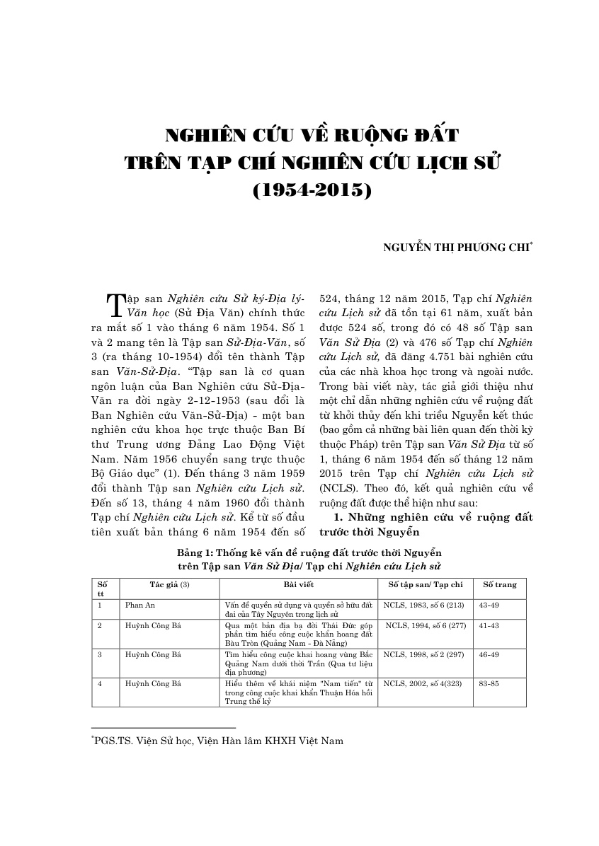 Nghiên cứu về ruộng đất trên Tạp chí Nghiên cứu Lịch sử (1954-2015)