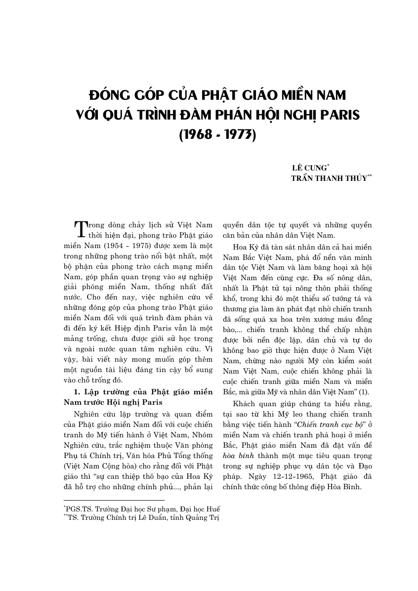 Đóng góp của Phật giáo miền Nam với quá trình đàm phán tại Hội nghị Paris (1968 - 1973)