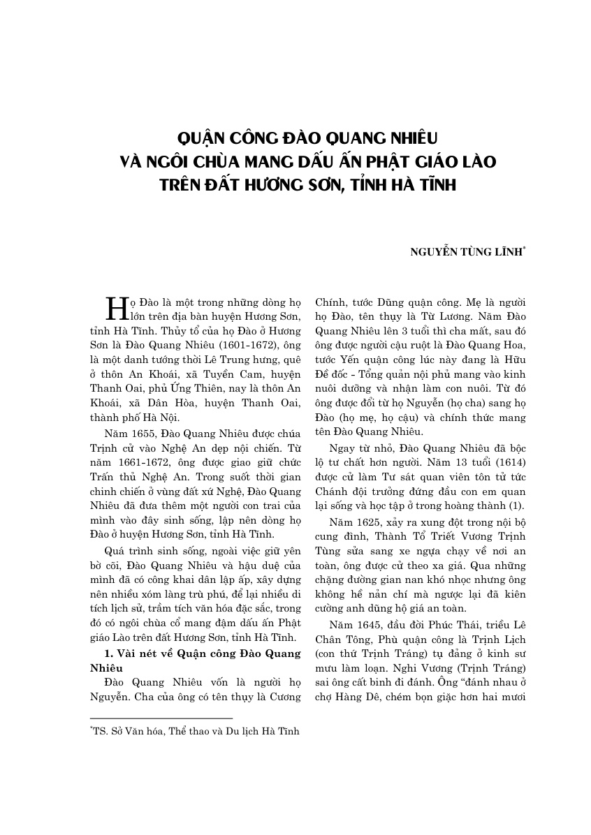 Quận công Đào Quang Nhiêu và ngôi chùa mang dấu ấn Phật giáo Lào trên đất Hương Sơn, tỉnh Hà Tĩnh