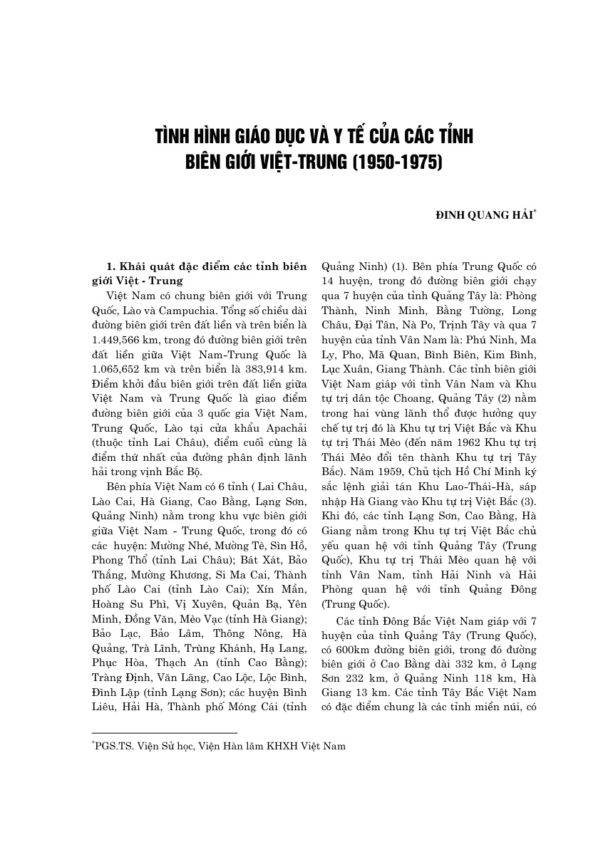 Tình hình giáo dục và y tế của các tỉnh biên giới Việt - Trung (1950 - 1975)
