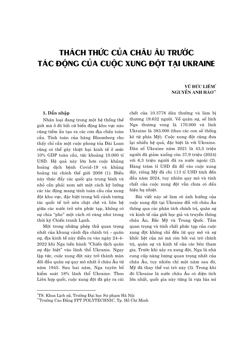 Thách thức của châu Âu trước tác động của cuộc xung đột tại Ukraine