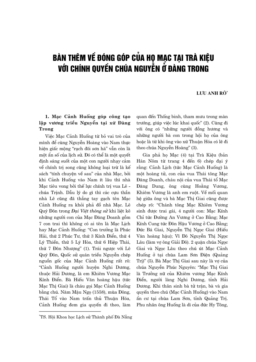 Bàn thêm về đóng góp của gia tộc Mạc tại Trà Kiệu  đối với chính quyền chúa Nguyễn ở Đàng Trong