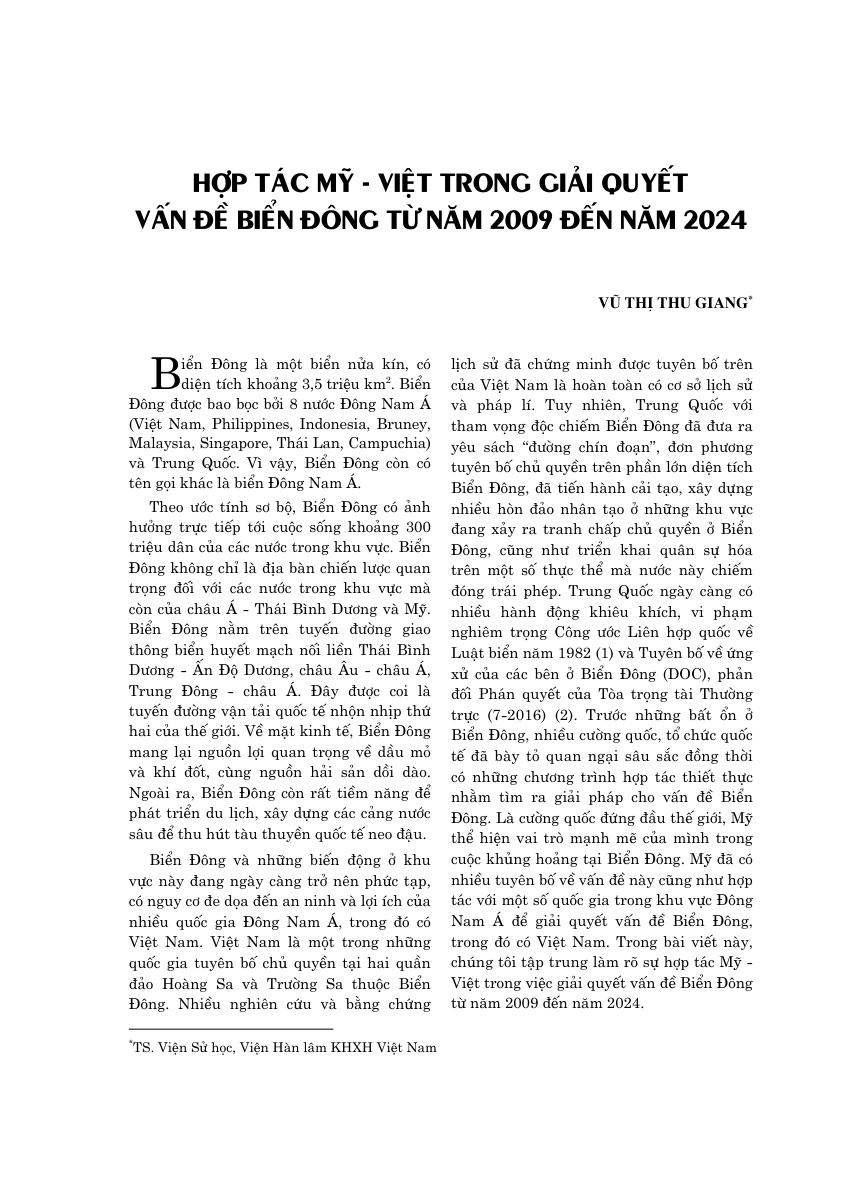 Hợp tác Mỹ - Việt trong việc giải quyết vấn đề Biển Đông  từ năm 2009 đến năm 2024