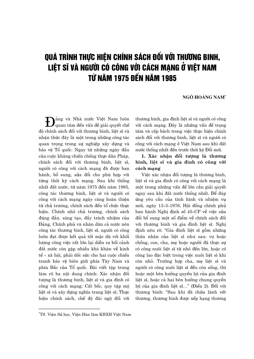 The process of implementing policies for the Wounded, martyrs, and  Those Who Made Contributions to the Revolution in Vietnam from 1975 to 1985