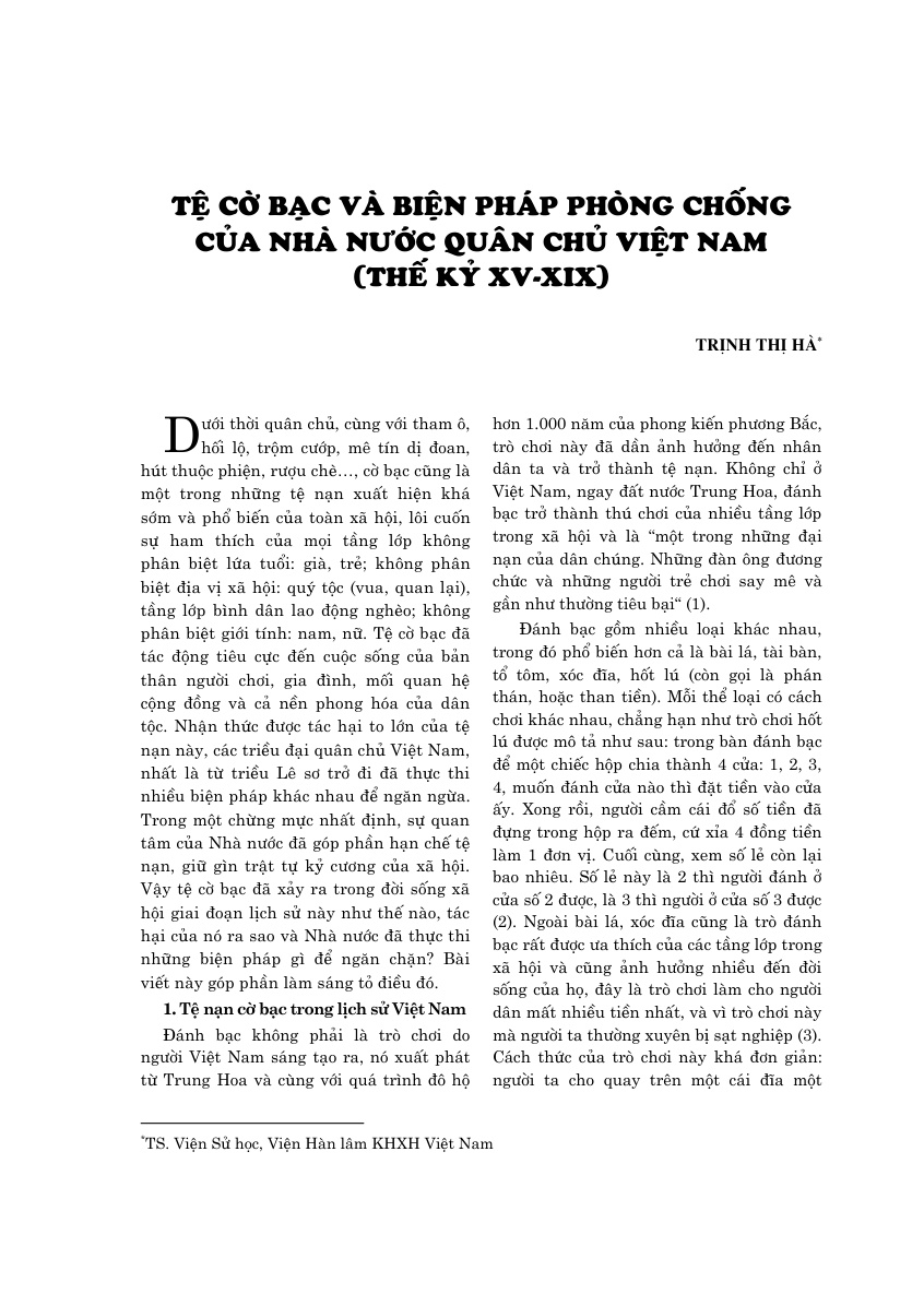 Tệ cờ bạc và biện pháp phòng chống của nhà nước quân chủ  Việt Nam (thế kỷ XV-XIX)