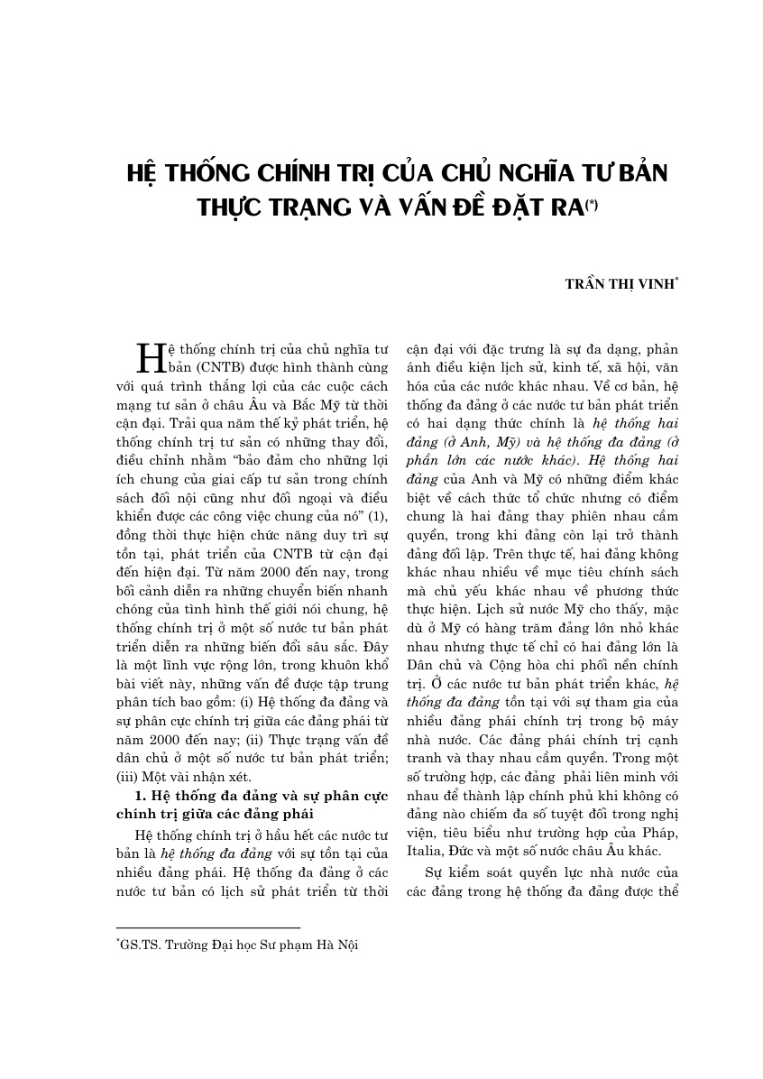 Hệ thống chính trị của chủ nghĩa tư bản: Thực trạng và vấn đề đặt ra