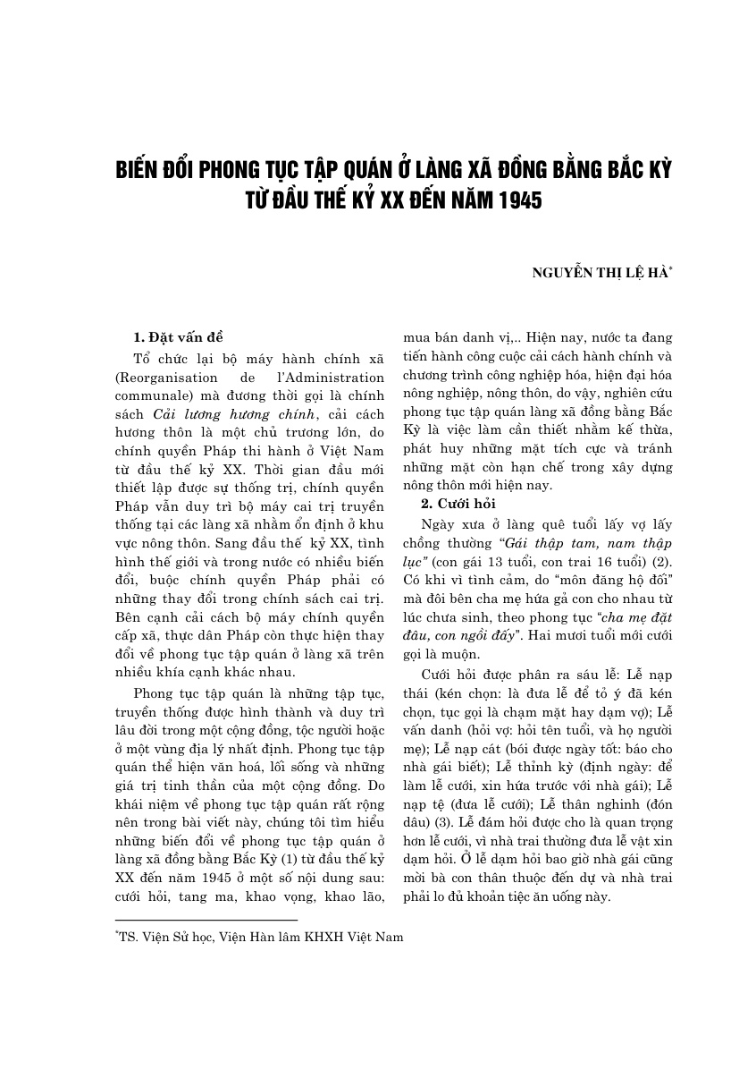 Biến đổi phong tục tập quán ở làng xã đồng bằng Bắc Kỳ  từ đầu thế kỷ XX đến năm 1945