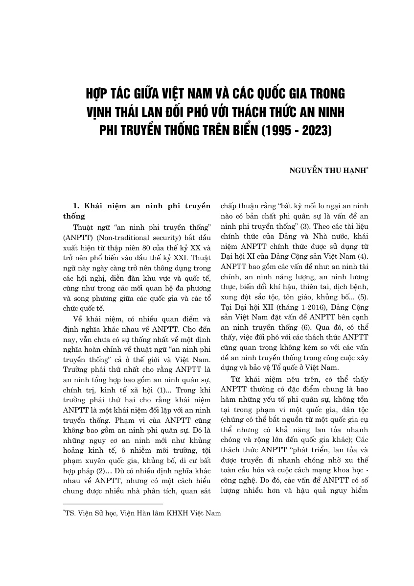 Hợp tác giữa Việt Nam và các quốc gia trong Vịnh Thái Lan đối phó với thách thức an ninh phi truyền thống trên biển (1995 - 2023)