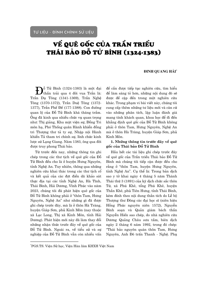 Về quê hương gốc của Trần triều Thái bảo Đỗ Tử Bình (1324-1383)